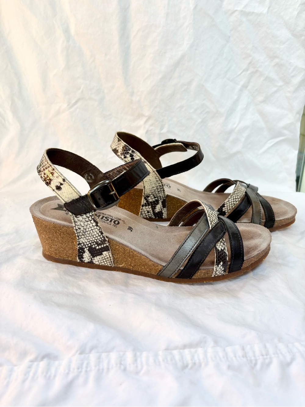 Mephisto Black and Snake-Print Wedge Sandals